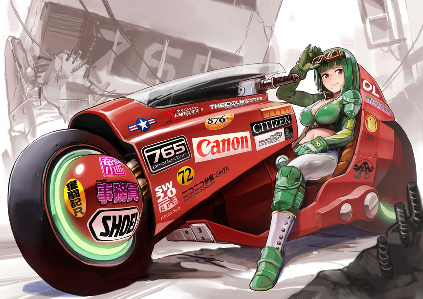 akira alternate_costume bob_cut breasts brown_eyes canon_(company) citizen cleavage commentary_request crop_top gloves goggles goggles_on_head green_hair ground_vehicle idolmaster idolmaster_(classic) idolmaster_xenoglossia knee_pads kousaku large_breasts logo long_sleeves looking_at_viewer midriff mole mole_under_mouth motor_vehicle motorcycle navel niconico otonashi_kotori outdoors pants panty_&amp;_stocking_with_garterbelt parted_lips product_placement ruins ryuuguu_komachi shoei short_hair sitting smile solo sticker us_air_force