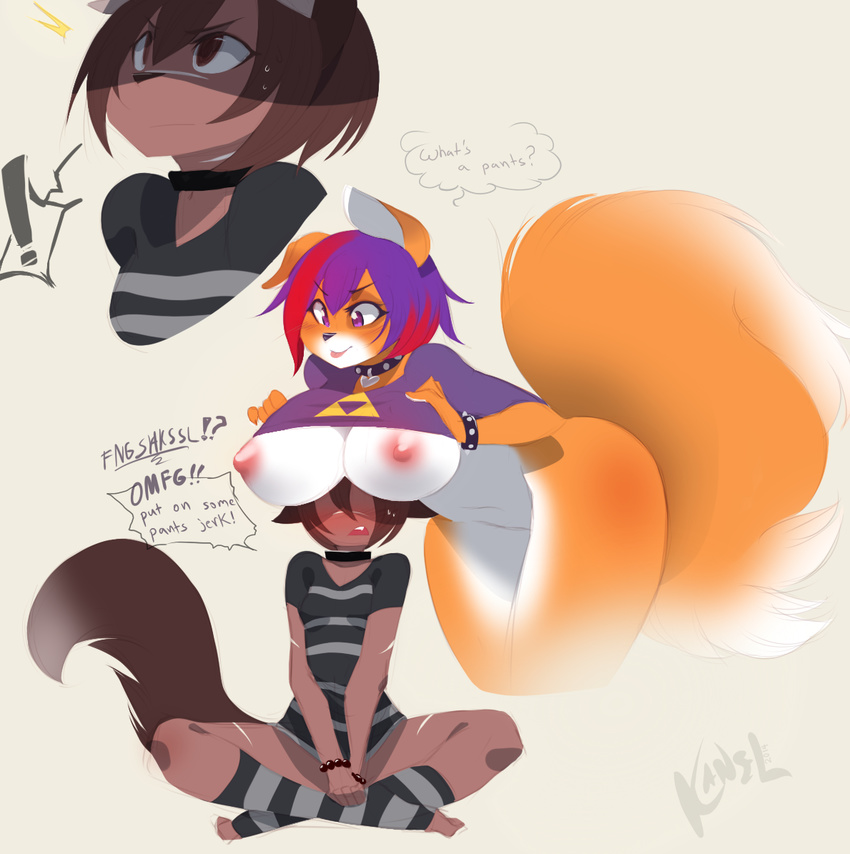 black_nose blush boob_hat bottomless breasts brown_eyes brown_fur brown_hair canine collar female fluffy_tail fur fyxe hair kanel mammal nipples orange_fur purple_eyes purple_hair red_hair tongue violet_hair white_fur