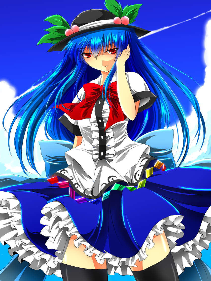 arm_behind_back black_hat blue_hair blue_sky bow cloud day dress food frilled_dress frills fruit hand_in_hair hat hat_ornament highres hinanawi_tenshi layered_dress long_hair looking_at_viewer nekominase peach red_bow red_eyes short_sleeves sky smile solo thighhighs touhou