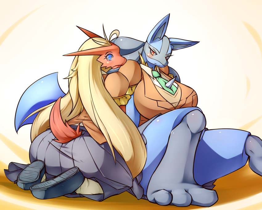 3_toes anthro barefoot big_breasts blaziken blonde_hair blue_eyes blush breasts clothed clothing day-t duo female hair huge_breasts long_hair lucario nintendo plain_background pok&#233;mon pok&#233;morph pok&eacute;mon pok&eacute;morph red_eyes shoes sitting skirt spikes toes video_games white_background