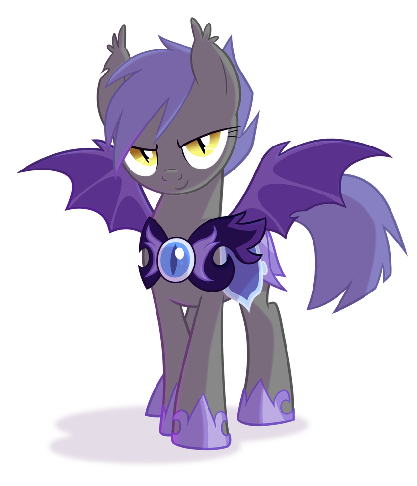 armor bat_pony bat_wings clothing equestria-prevails equine feral hi_res looking_at_viewer mammal midnight_blossom_(mlp) my_little_pony original_character pegasus plain_background slit_pupils solo standing transparent_background unknown_artist wings yellow_eyes