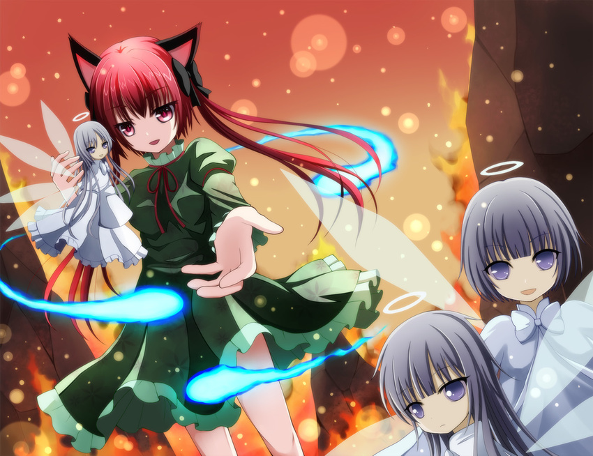 alternate_hairstyle animal_ears bad_id bad_pixiv_id bangs black_bow black_hair bow capelet cat_ears dress dutch_angle empty_eyes fairy fairy_wings fiery_background fire flame green_dress hair_bow halo jitome kaenbyou_rin long_hair long_sleeves looking_at_viewer multiple_girls open_mouth outstretched_hand palms purple_eyes reaching_out rock short_hair sleeves_past_wrists soraneko93 standing touhou tsurime twintails white_bow white_dress wings zombie_fairy