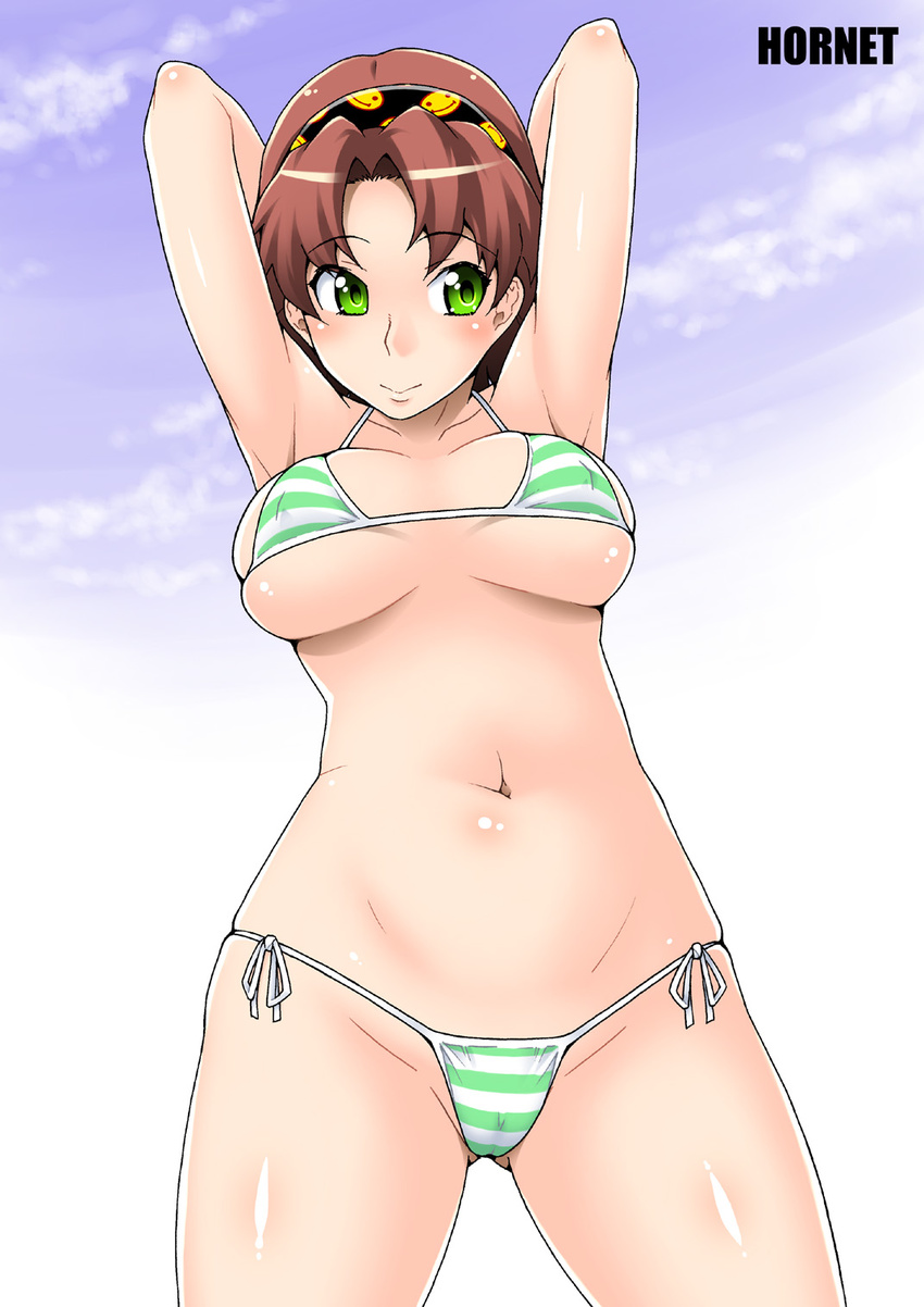 1girl armpits arms_up bikini blush breasts brown_hair cameltoe green_eyes highres hornet_(artist) large_breasts legs looking_away navel short_hair simple_background smile solo standing swimsuit thighs thong