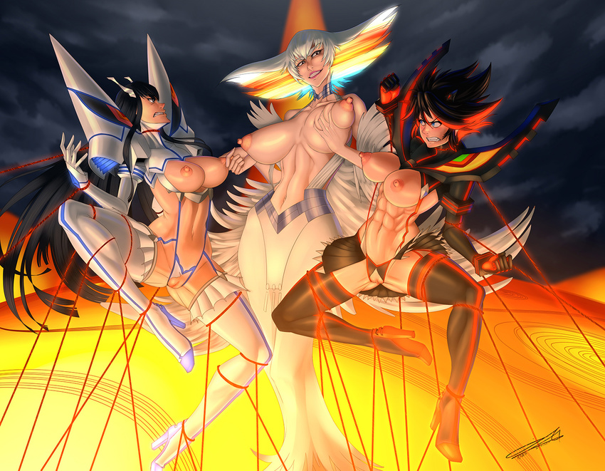 abs boots breast_squeeze breasts clenched_teeth clitoris dress evil_smile grin junketsu kabos kill_la_kill kiryuuin_ragyou kiryuuin_satsuki large_breasts life_fiber matoi_ryuuko midriff multicolored_hair multiple_girls navel nipple_tweak nipples rainbow_hair restrained revealing_clothes senketsu short_hair smile teeth thigh_boots thighhighs yuri