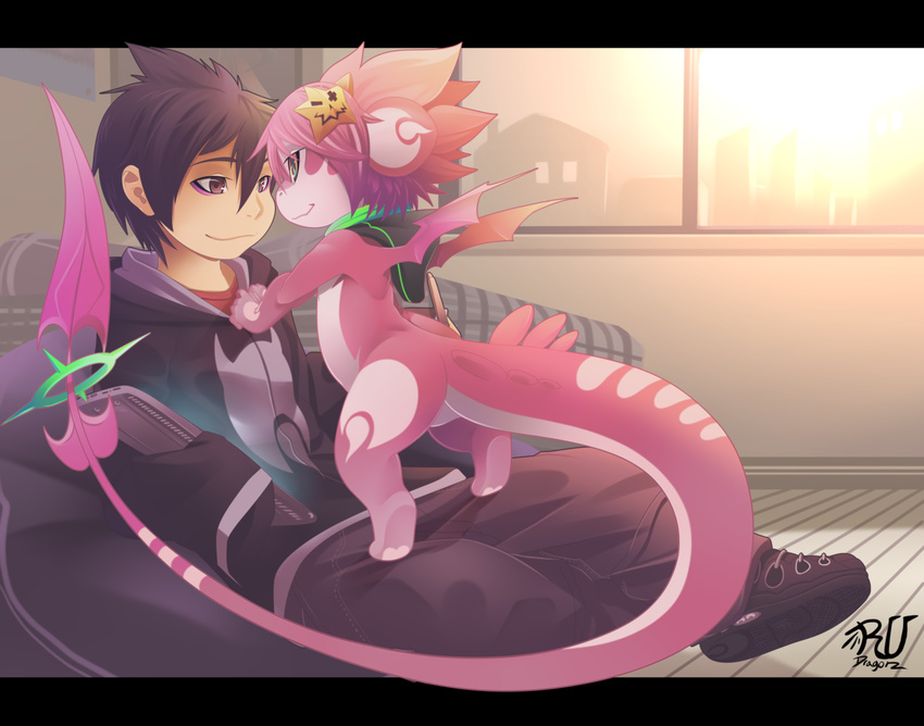 ambiguous_gender anthro black_hair clothing dragon eye_contact female glowing hair hi_res hoodie human male mammal pants pink_hair ru_(rudragon) rudragon scalie shirt shoes size_difference wings