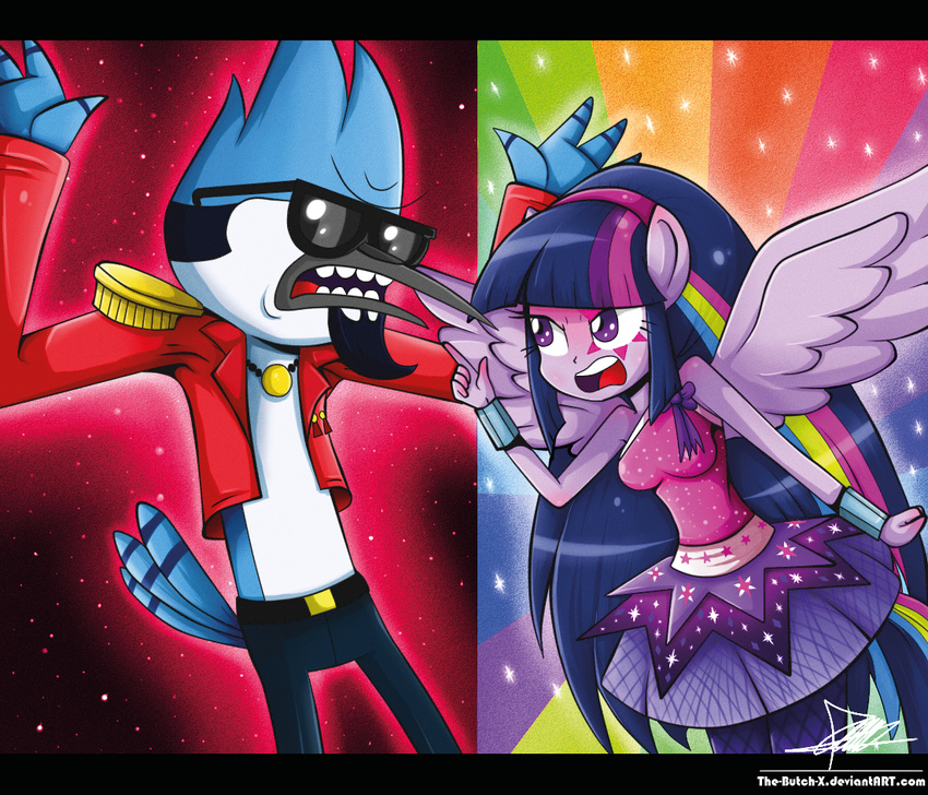 animal_ears avian bird blue_jay bow bracelet breasts clothing dress duo equestria_girls eyewear face_tattoo facial_hair female fishnet fishnet_socks fishnet_stocking glasses grey_beak hair human jacket jeans jewelry male mammal mordecai multi-colored_hair my_little_pony pointing purple_eyes purple_hair rainbow sparkles stockings the-butch-x thigh_socks twilight_sparkle_(eg) wings