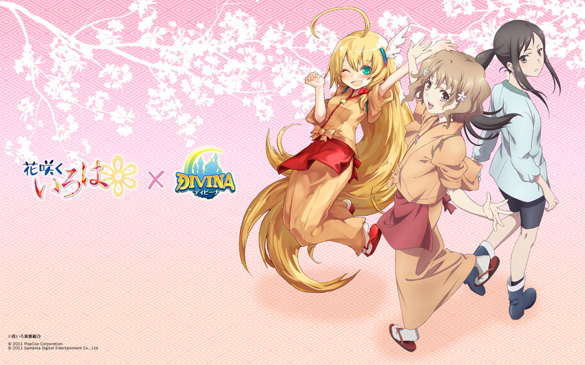 ;d ahoge arm_up artist_request black_hair blonde_hair blush brown_eyes brown_hair clarisse_(divina) copyright_name crossover divina full_body green_eyes hair_ornament hairpin hanasaku_iroha highres japanese_clothes jumping kimono kissuisou_uniform long_hair looking_back matsumae_ohana multiple_girls nakai_(waitress) official_art one_eye_closed open_mouth pink_background ponytail sandals shoes short_hair shorts smile socks standing tsurugi_minko wallpaper yukata