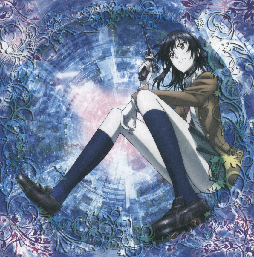 abstract_background absurdres album_cover black_footwear black_hair blazer blue_legwear brown_eyes coppelion cover full_body green_skirt gun hand_on_own_knee handgun highres jacket kneehighs loafers long_hair looking_afar luger_p08 miniskirt naruse_ibara necktie official_art ornament pale_skin plaid plaid_skirt pleated_skirt scan school_uniform shoes sitting skirt solo striped striped_neckwear weapon