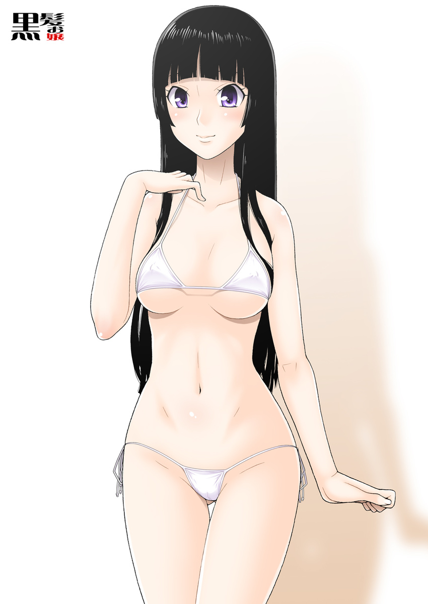 1girl bikini black_hair blush breasts highres hips hornet_(artist) legs long_hair looking_at_viewer medium_breasts navel purple_eyes shadow simple_background smile solo standing swimsuit thighs thong white_background
