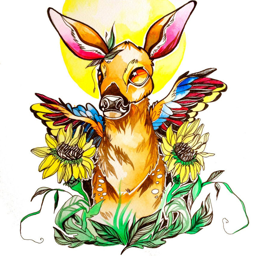 brown_fur cervine clara_(artist) deer flower fur grass mammal orange_eyes solo sun sunflower wings