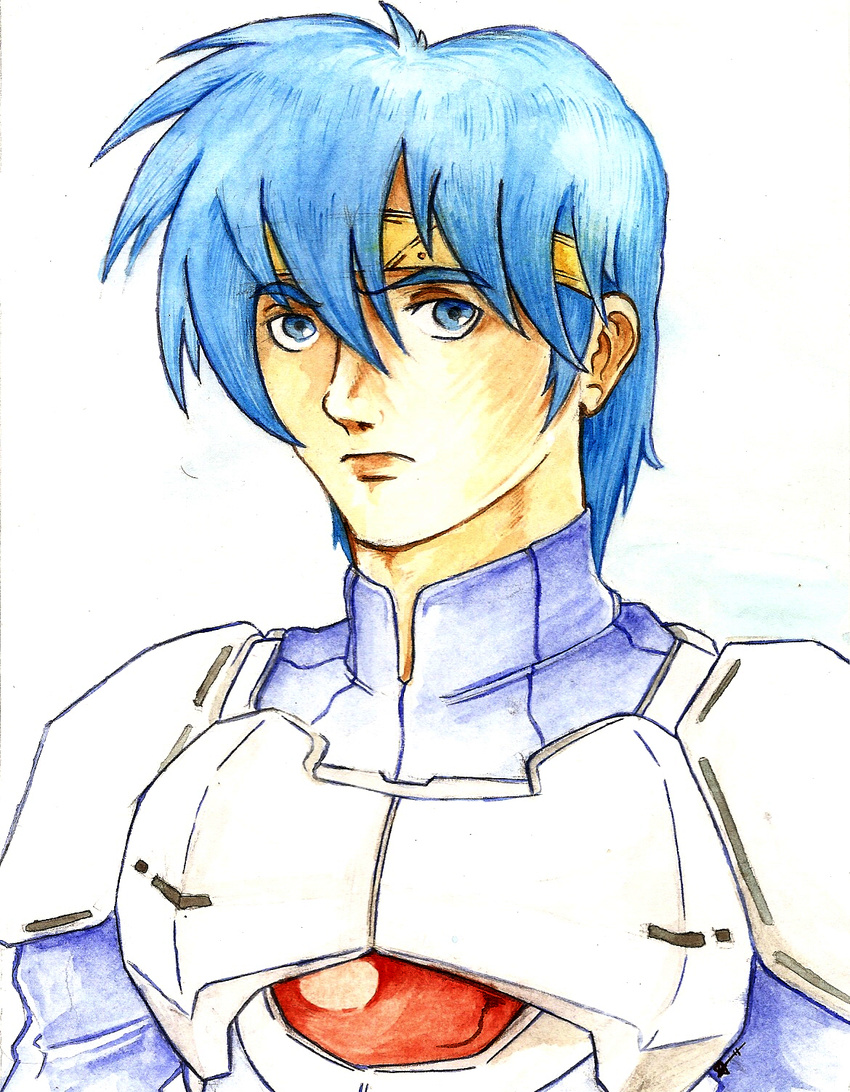 armor blue_hair eusis_landale expressionless highres male_focus phantasy_star phantasy_star_ii solo traditional_media upper_body white_background