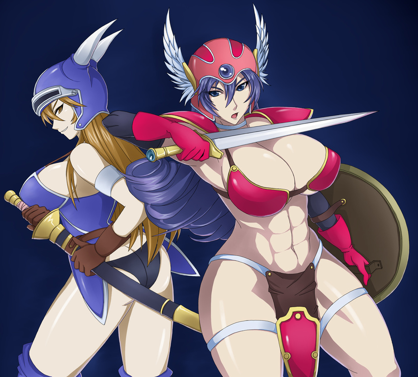 2girls abs breasts brown_hair cleavage daisy_(dq) dragon_quest helmet large_breasts multiple_girls otogi_tetsurou panties purple_hair shield soldier_(dq3) sword underwear weapon