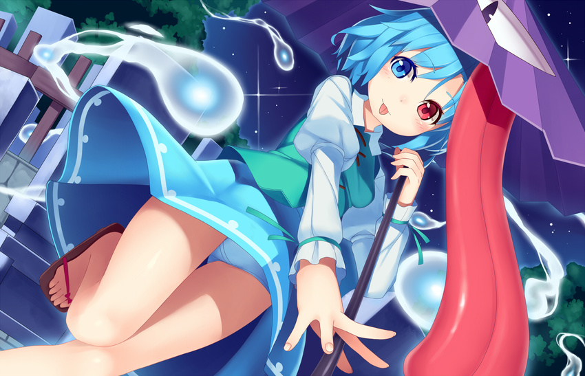 blue_hair blue_panties geta ghost graveyard heterochromia juliet_sleeves karakasa_obake long_sleeves looking_at_viewer mikan_(bananoha) night panties pantyshot pantyshot_(standing) puffy_sleeves shirt skirt sky solo standing star_(sky) starry_sky tatara_kogasa tongue tongue_out touhou tree umbrella underwear upskirt vest