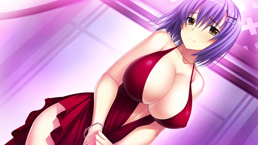 amakura blush breasts center_opening cleavage curtains dress dutch_angle game_cg hair_ornament highres huge_breasts jewelry necklace nishinomiya_yuuri purple_hair red_dress short_hair solo umisora_no_fragments yellow_eyes