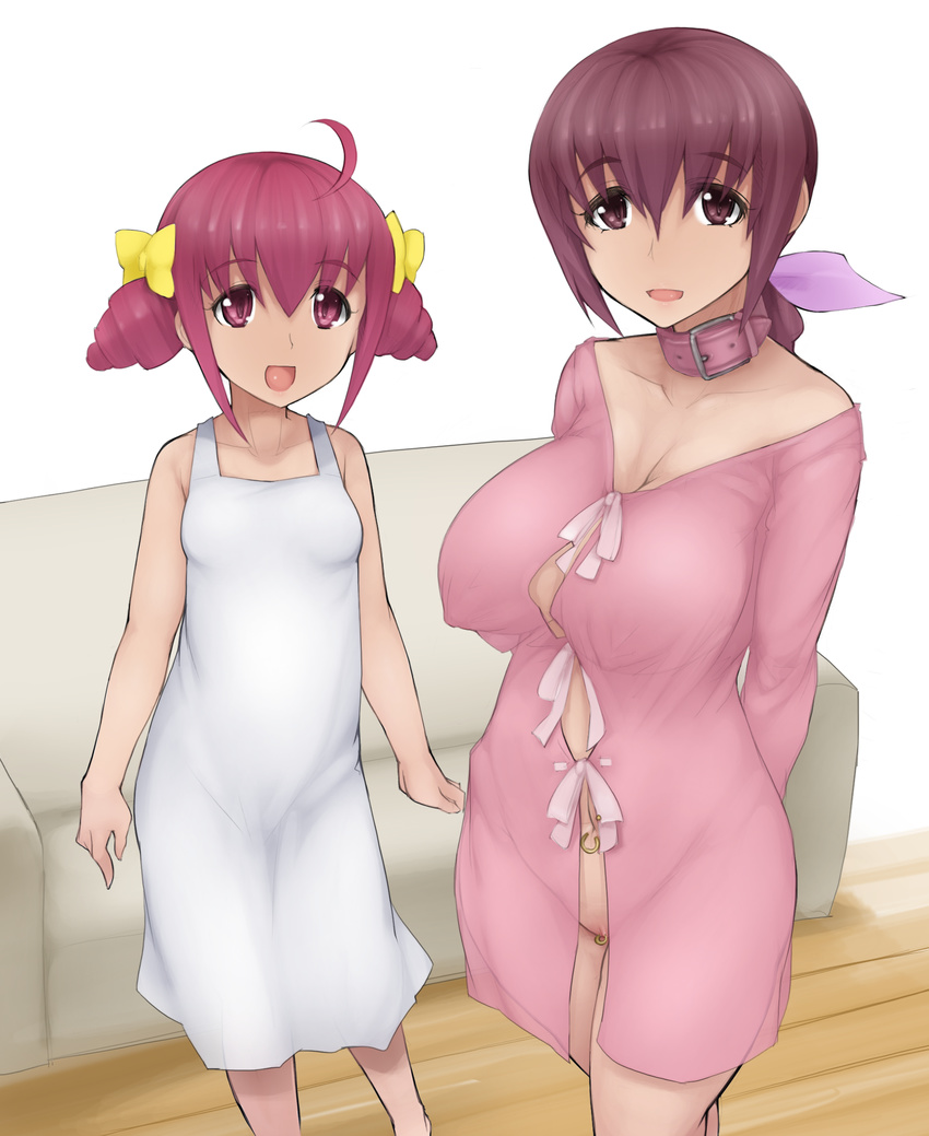 2girls abubu bdsm breasts brown_hair clitoris_piercing collar couch dress highres hoshizora_ikuyo hoshizora_miyuki looking_at_viewer mother_and_daughter multiple_girls navel no_panties open_mouth photoshop piercing precure pussy red_hair smile smile_precure! sofa standing uncensored