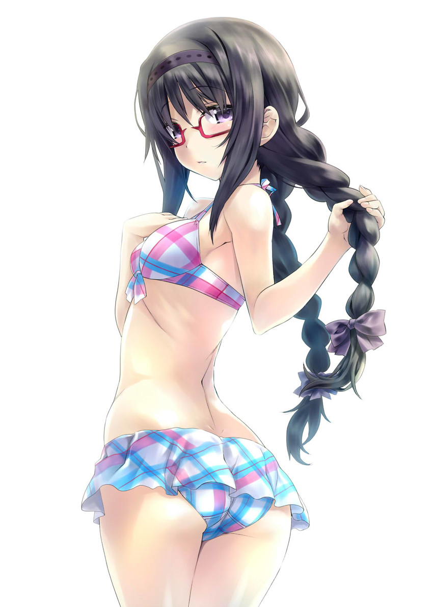 akemi_homura ass bikini bikini_skirt black_hair blush braid cowboy_shot from_behind glasses hand_on_own_chest headband highres holding holding_hair looking_back mahou_shoujo_madoka_magica nagayori parted_lips plaid plaid_bikini purple_eyes red-framed_eyewear simple_background solo swimsuit twin_braids twisted_torso white_background