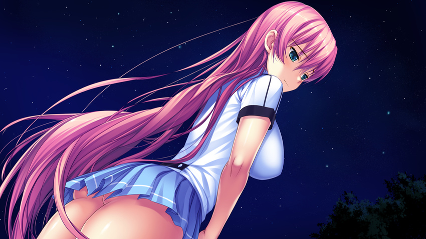 amakura ass blush breasts game_cg green_eyes highres kouzuki_haruka large_breasts long_hair night night_sky pink_hair skirt sky solo star umisora_no_fragments very_long_hair