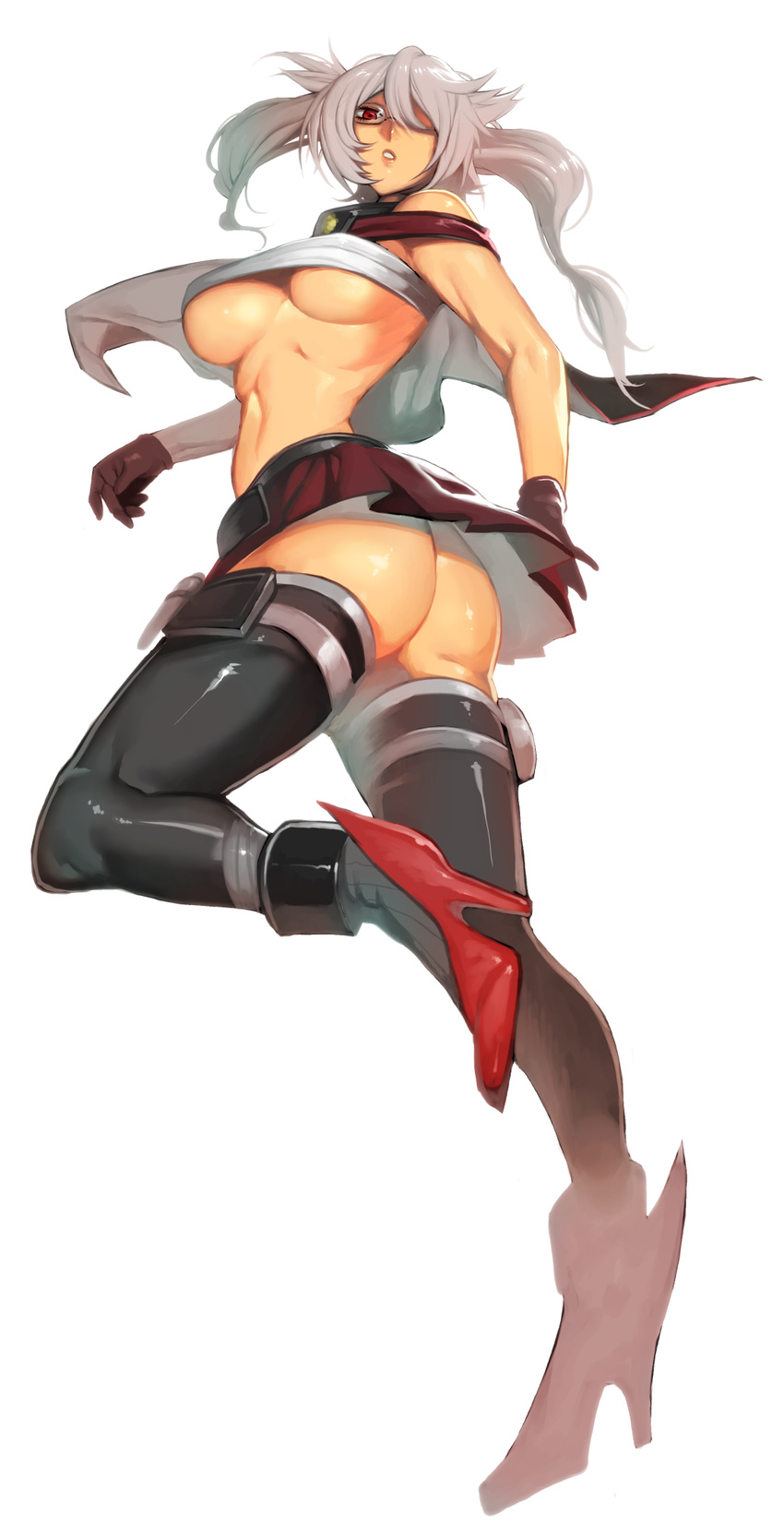 ass bare_shoulders black_legwear breasts dark_skin glasses gloves high_heels highres kantai_collection large_breasts long_hair looking_at_viewer miniskirt musashi_(kantai_collection) parted_lips red_eyes simple_background skirt solo thighhighs two_side_up underboob wadani_hitonori white_background white_hair