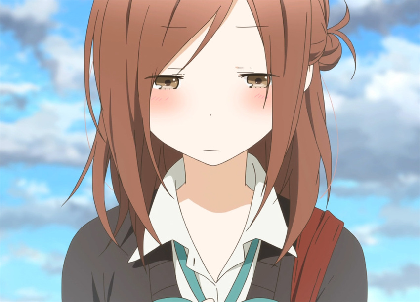 blush brown_eyes brown_hair cloud day fujimiya_kaori isshuukan_friends school_uniform screencap short_hair sky solo