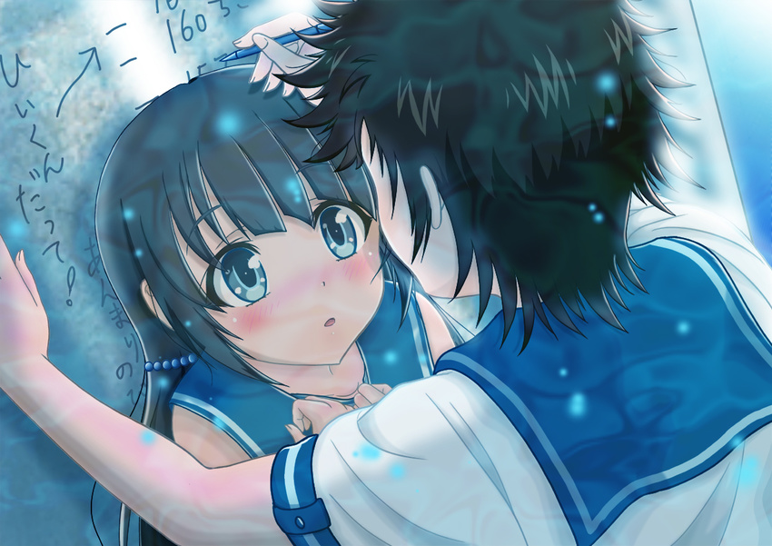 1girl black_hair blue_eyes dress eye_contact h.i.t_(59-18-45) long_hair looking_at_another md5_mismatch nagi_no_asukara sailor_collar sailor_dress sakishima_hikari school_uniform serafuku shiodome_miuna short_hair