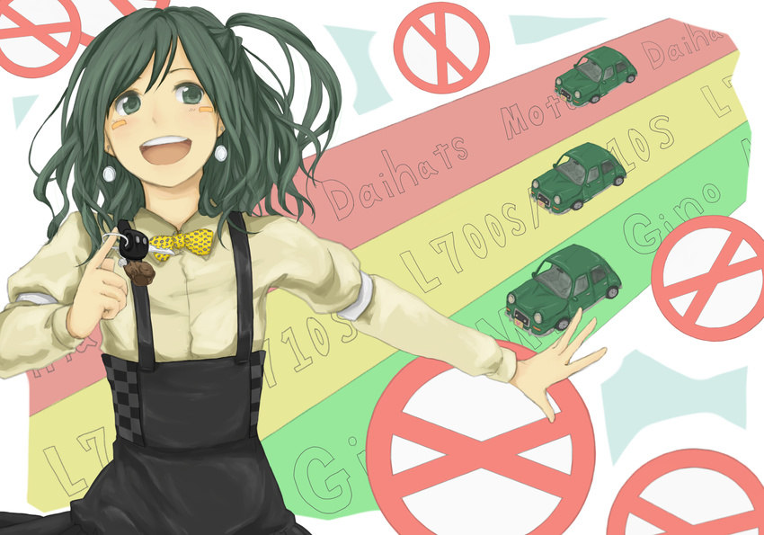 arm_garter azu_(bnpsikyu6935-he) bow bowtie car earrings floating_hair green_eyes green_hair ground_vehicle highres jewelry long_hair motor_vehicle original outstretched_arm shirt smile solo uniform