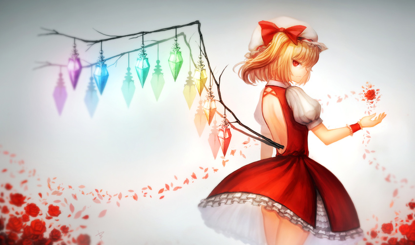backless_outfit blonde_hair bow bryanth dress flandre_scarlet flower hat hat_bow highres looking_at_viewer mob_cap no_panties petals puffy_sleeves red_dress red_eyes red_flower red_rose rose short_sleeves shoulder_blades side_ponytail solo touhou vampire wings wrist_cuffs