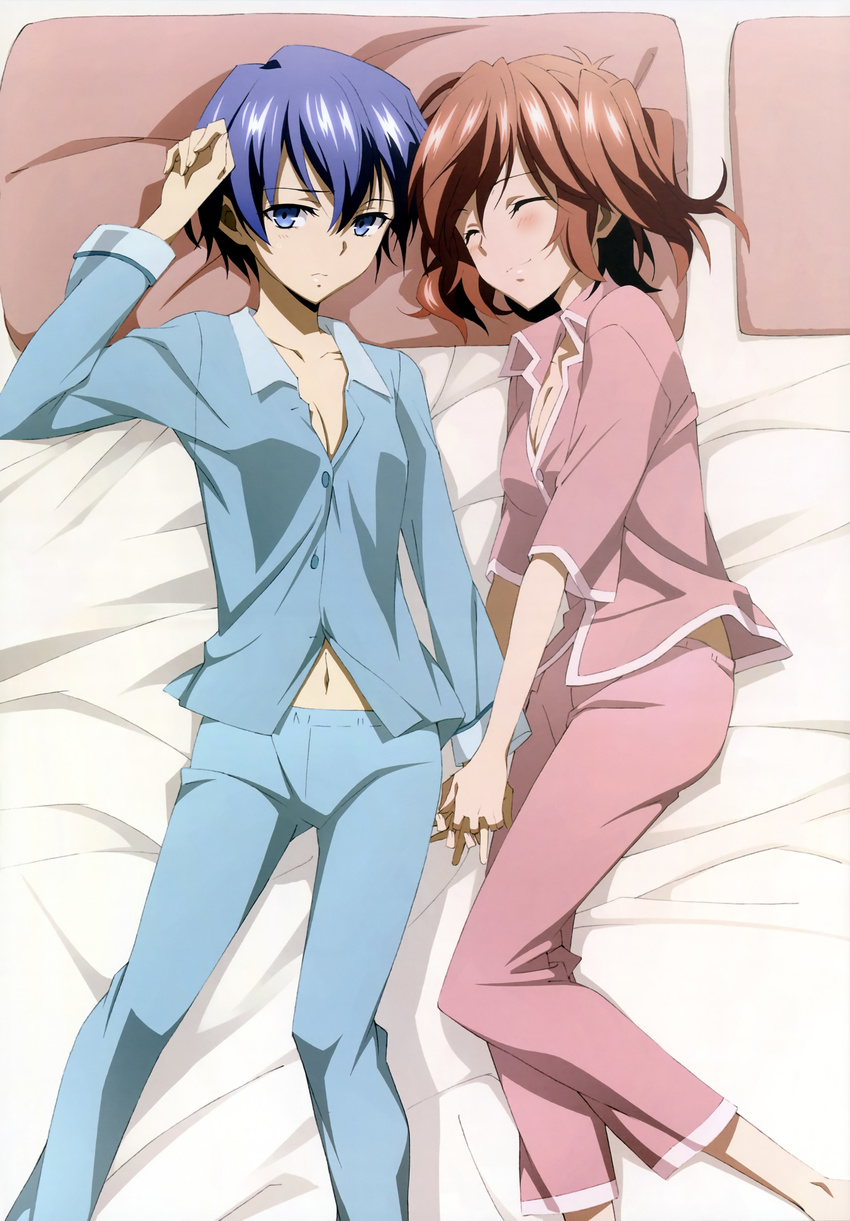 absurdres akuma_no_riddle azuma_tokaku blue_eyes blue_hair breasts cleavage closed_eyes highres holding_hands ichinose_haru lying multiple_girls non-web_source nyantype official_art on_back on_side pajamas pillow red_hair short_hair small_breasts yuri