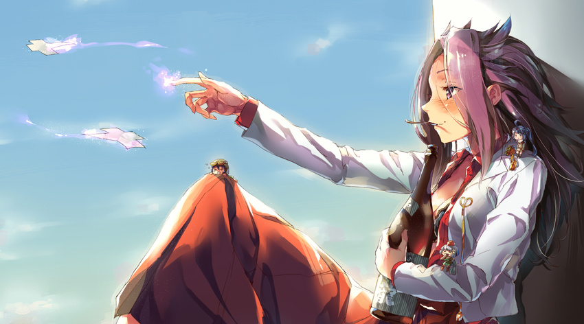 aida_takanobu bottle cloud day fairy_(kantai_collection) jun'you_(kantai_collection) kantai_collection long_hair long_sleeves multiple_girls outstretched_arm pleated_skirt purple_eyes purple_hair ryuusei_(kantai_collection) sake_bottle skirt sky tenzan_(kantai_collection) type_99_dive_bomber