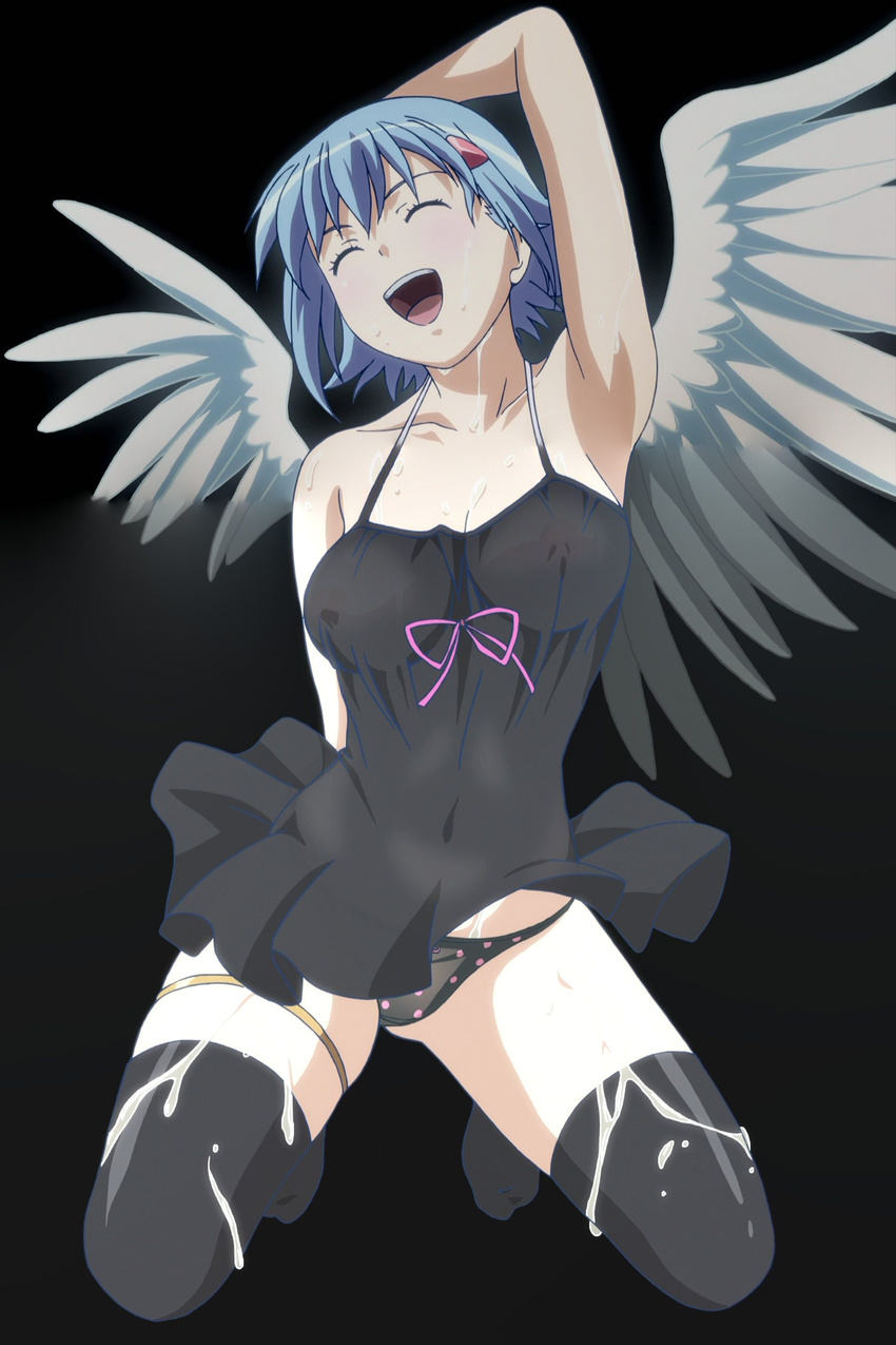 absurdres angel black_background black_dress blue_hair breasts dress eyes_closed highres large_breasts nanael nipples panties queen's_blade queen's_blade screencap short_hair simple_background smile stitched transparent underwear wings