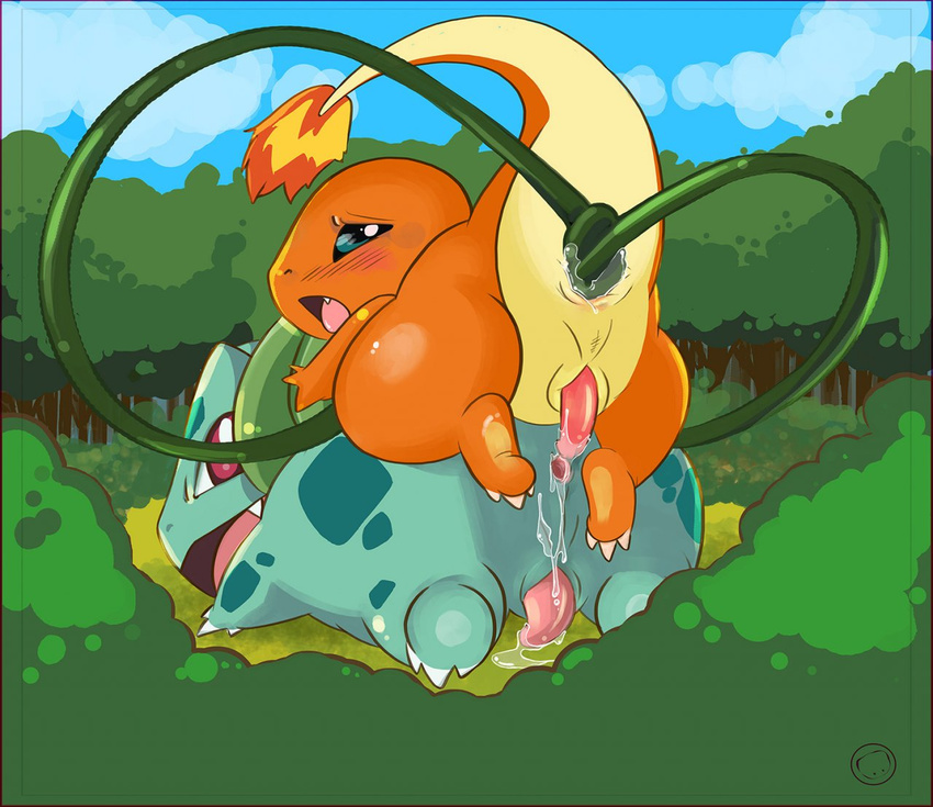 2014 3_toes all_fours anal anal_insertion anal_penetration anime anus barefoot blue_eyes blush bulbasaur bush charmander claws cloud cum cum_in_ass cum_inside cum_on_ground cum_on_penis detailed_background erection fangs feral feral_on_feral fire flora_fauna gay grass half-closed_eyes harumi insertion looking_back lying male nintendo nude on_stomach open_mouth outside penetration penis pok&eacute;mon red_eyes reptile scalie sex sharp_teeth smile teeth tongue tongue_out tree video_games vines