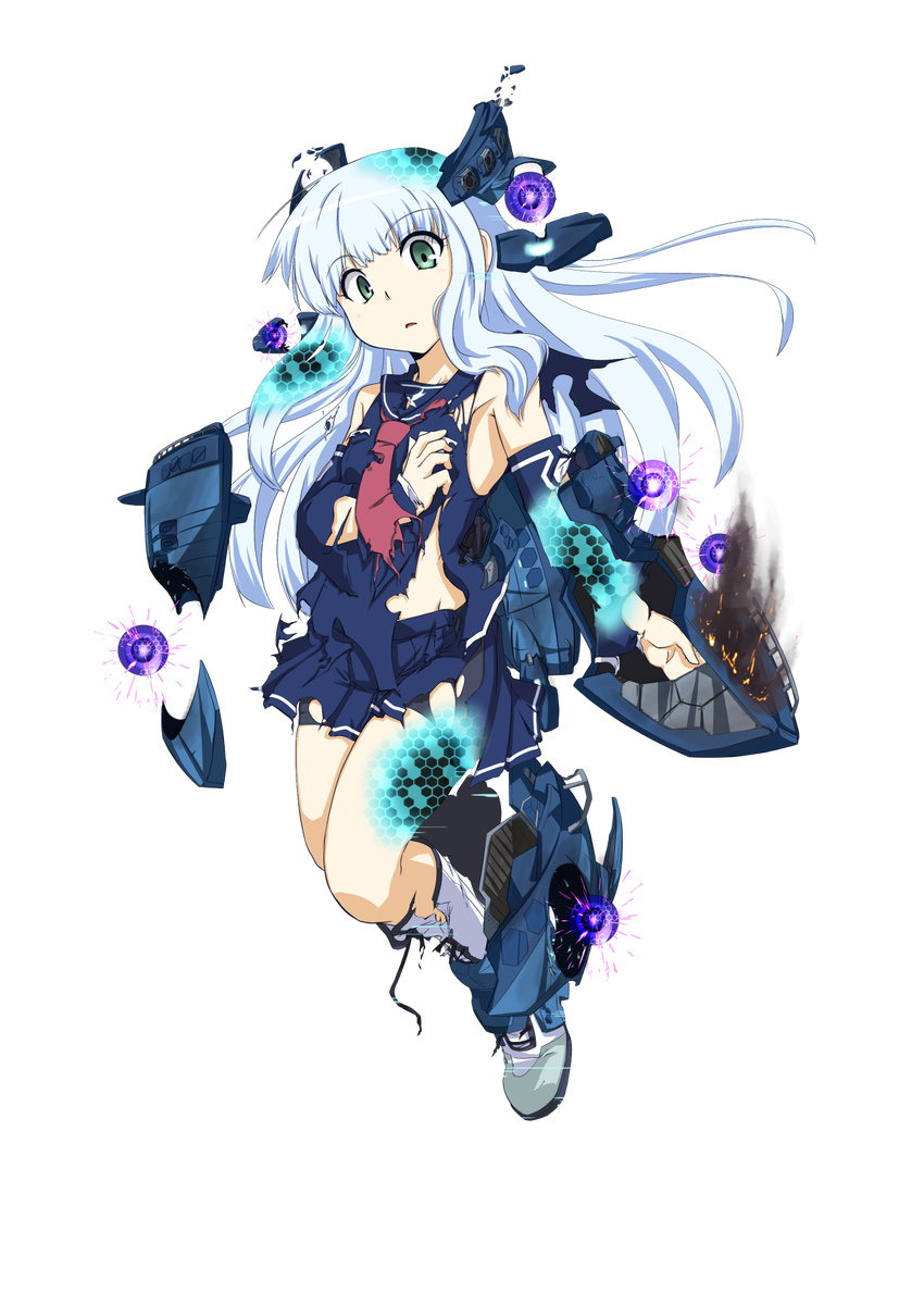 alternate_costume aoki_hagane_no_arpeggio armpits blue_eyes blue_hair boots burning cross-laced_footwear detached_sleeves full_body highres iona kantai_collection knee_boots lace-up_boots long_hair looking_at_viewer notice_(kou) open_mouth parody school_uniform serafuku skirt solo torn_boots torn_clothes transparent_background white_footwear