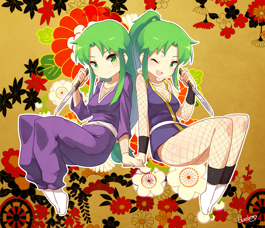 alternate_costume alternate_hairstyle blueberry_(5959) breasts cleavage dual_persona fishnets ganbare_goemon green_eyes green_hair highres japanese_clothes medium_breasts ninja one_eye_closed open_mouth ponytail smile tantou weapon yae_(ganbare_goemon)