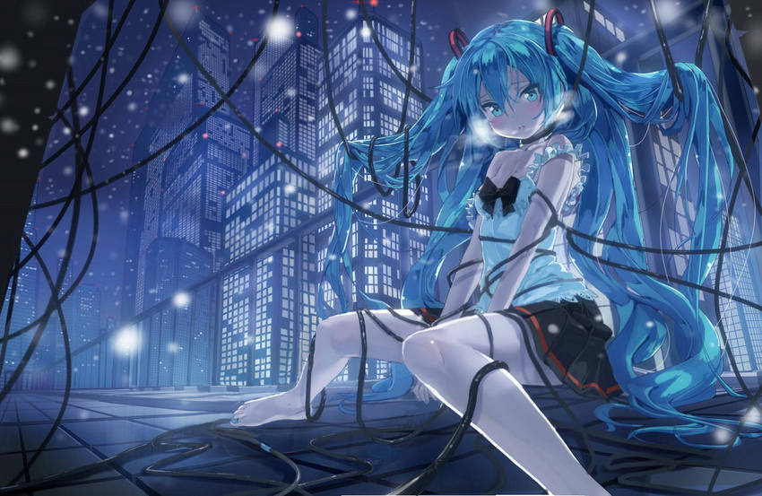 bare_arms bare_shoulders barefoot blue_eyes blue_hair blue_nails blurry bow breasts breath building cable chemise city_lights cleavage cold depth_of_field entangled hair_ornament hatsune_miku long_hair looking_at_viewer mx2j_(nsh6394) nail_polish night off_shoulder perspective pleated_skirt revision shirt sitting skirt skyscraper small_breasts snowing solo strap_slip tile_floor tiles toenail_polish twintails unfragment_(vocaloid) very_long_hair vocaloid