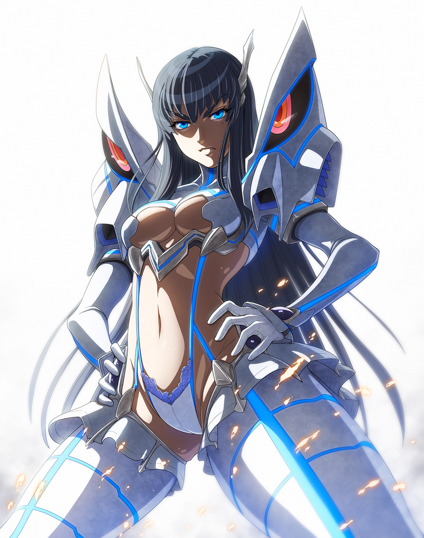 backlighting black_hair blue_eyes breasts commentary garter_straps gloves glowing glowing_eyes groin hair_ornament hands_on_hips highres imizu_(nitro_unknown) junketsu kill_la_kill kiryuuin_satsuki lace lace-trimmed_panties long_hair long_sleeves looking_at_viewer md5_mismatch medium_breasts midriff navel panties revealing_clothes simple_background solo spread_legs suspenders thighhighs underboob underwear very_long_hair white_background white_gloves white_legwear white_panties