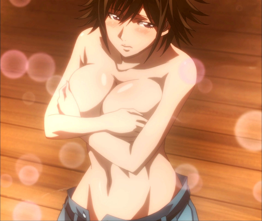 1girl asai_hyougo blush breasts brown_hair covering covering_breasts fuuun_ishin_dai_shogun highres large_breasts screencap short_hair solo standing stitched topless