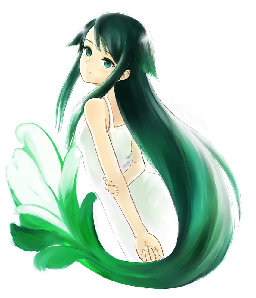 arm_behind_back blush dress green_eyes green_hair hair_flaps highres long_hair looking_at_viewer mochizuki_rinne saya saya_no_uta sleeveless solo sundress very_long_hair white_background