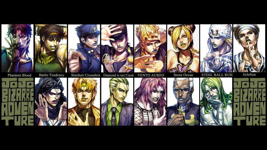 6+boys black_background black_hair blonde_hair column_lineup copyright_name dark_skin diavolo dio_brando dixie_cup_hat double_bun english enrico_pucci everyone eyelashes fabulous fingerless_gloves formal funny_valentine giorno_giovanna gloves green_hair grin hair_ornament hairband happy hat heart higashikata_jousuke higashikata_jousuke_(jojolion) irohara_mitabi johnny_joestar jojo_no_kimyou_na_bouken jojo_pose jojolion jonathan_joestar joseph_joestar_(young) kars_(jojo) kira_yoshikage kuujou_jolyne kuujou_joutarou lips lipstick long_hair makeup military_hat multiple_boys necktie open_mouth pink_hair pointing pompadour portrait pose short_hair simple_background smile star star_print steel_ball_run suit wavy_hair white_background