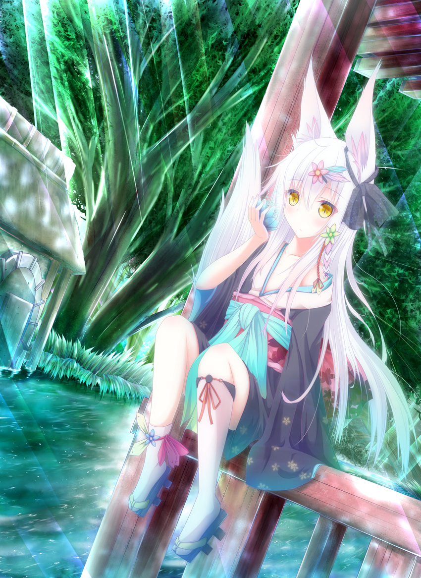 animal_ears bare_shoulders bow ear_ribbon expressionless floral_print flower forest fox_ears fox_tail hair_flower hair_ornament hair_over_shoulder highres japanese_clothes kimono long_hair nagishiro_mito nature obi original river sandals sash sitting solo tail white_hair wide_sleeves yellow_eyes