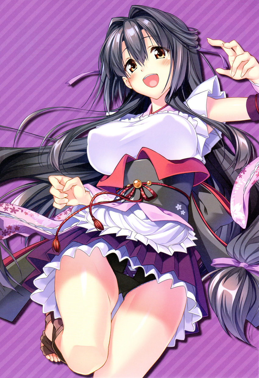 :d absurdres aozora_stripe apron black_hair black_panties breasts brown_eyes close-up diagonal_stripes hair_ribbon half_updo hasekura_misato highres japanese_clothes kimono lace lace-trimmed_panties large_breasts long_hair low-tied_long_hair marble no_legwear open_mouth panties piromizu purple_background ribbon sandals simple_background skirt smile striped striped_background tassel thigh_gap thighs toes underbust underwear upskirt waist_apron