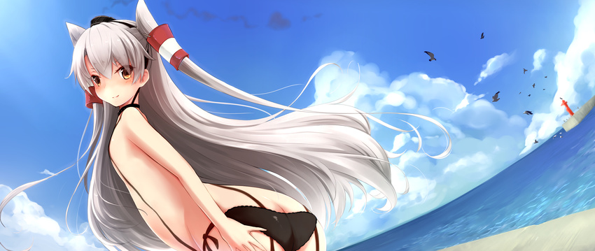 amatsukaze_(kantai_collection) ass bird black_panties brown_eyes cloud day flat_chest garter_straps highres kantai_collection long_hair looking_back mitsukii ocean panties side-tie_panties silver_hair sky smile solo suspenders thighhighs topless two_side_up underwear underwear_only