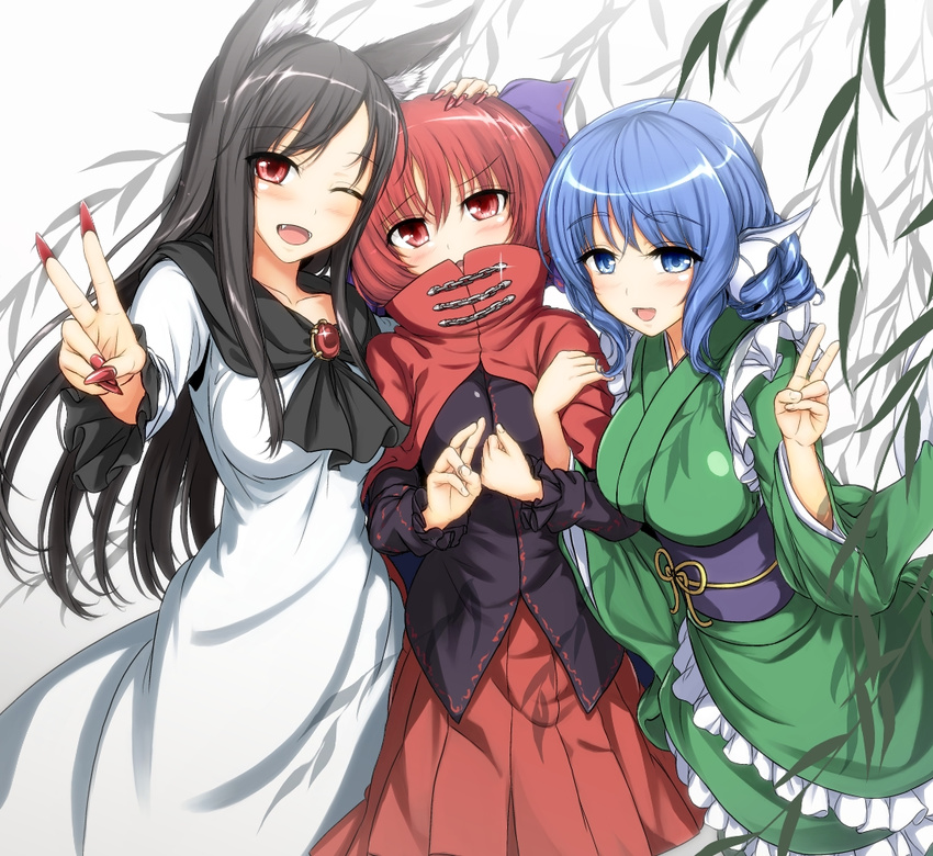 animal_ears blue_eyes blue_hair blush bow breasts brooch cape dress fang fingernails grass_root_youkai_network hair_bow head_fins imaizumi_kagerou japanese_clothes jewelry kimono large_breasts long_hair long_sleeves looking_at_viewer medium_breasts mermaid miyakouji monster_girl multiple_girls obi one_eye_closed open_mouth red_eyes red_hair sash sekibanki short_hair skirt smile touhou v wakasagihime wide_sleeves wolf_ears