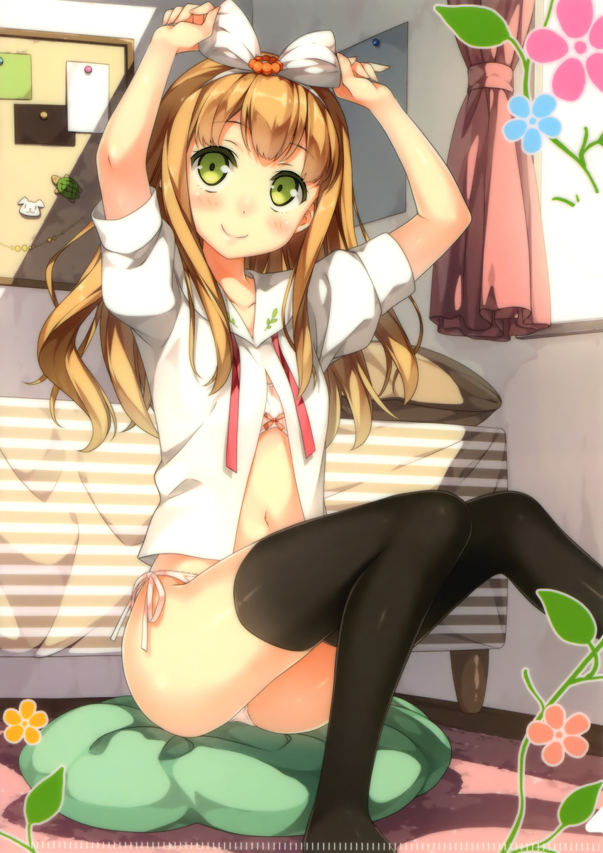 absurdres arms_up azuki_azusa black_legwear blonde_hair blush bow bow_bra bra breasts green_eyes hair_bow hairband hentai_ouji_to_warawanai_neko. highres kantoku long_hair navel no_pants open_clothes open_shirt panties scan school_uniform shirt side-tie_panties sitting small_breasts smile solo thighhighs underwear white_bra white_panties