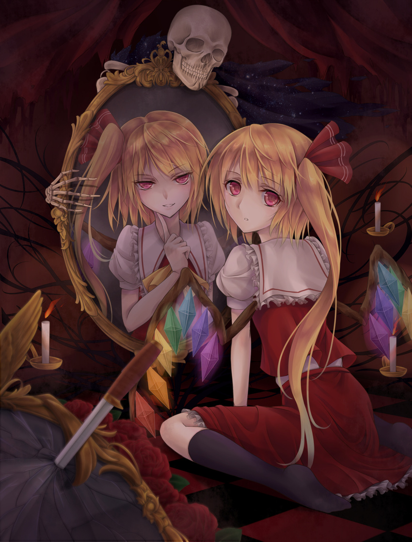 arm_support black_legwear blonde_hair blurry broken_mirror candle candlestand checkered checkered_floor depth_of_field different_reflection finger_to_face fire flame flandre_scarlet flower from_behind grin hair_ribbon highres indoors kirieroido_iii kneehighs knife looking_at_viewer looking_back mirror no_hat no_headwear no_shoes planted_knife planted_weapon red_background red_eyes red_flower red_rose reflection ribbon rose short_hair short_sleeves side_ponytail sitting skeleton skirt skirt_set skull slit_pupils smile solo touhou wariza weapon wings