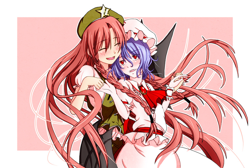 ^_^ ascot blue_hair blush closed_eyes fangs hasebe_akira hat highres holding_hands hong_meiling long_hair multiple_girls open_mouth red_eyes red_hair remilia_scarlet short_hair star touhou very_long_hair wrist_cuffs