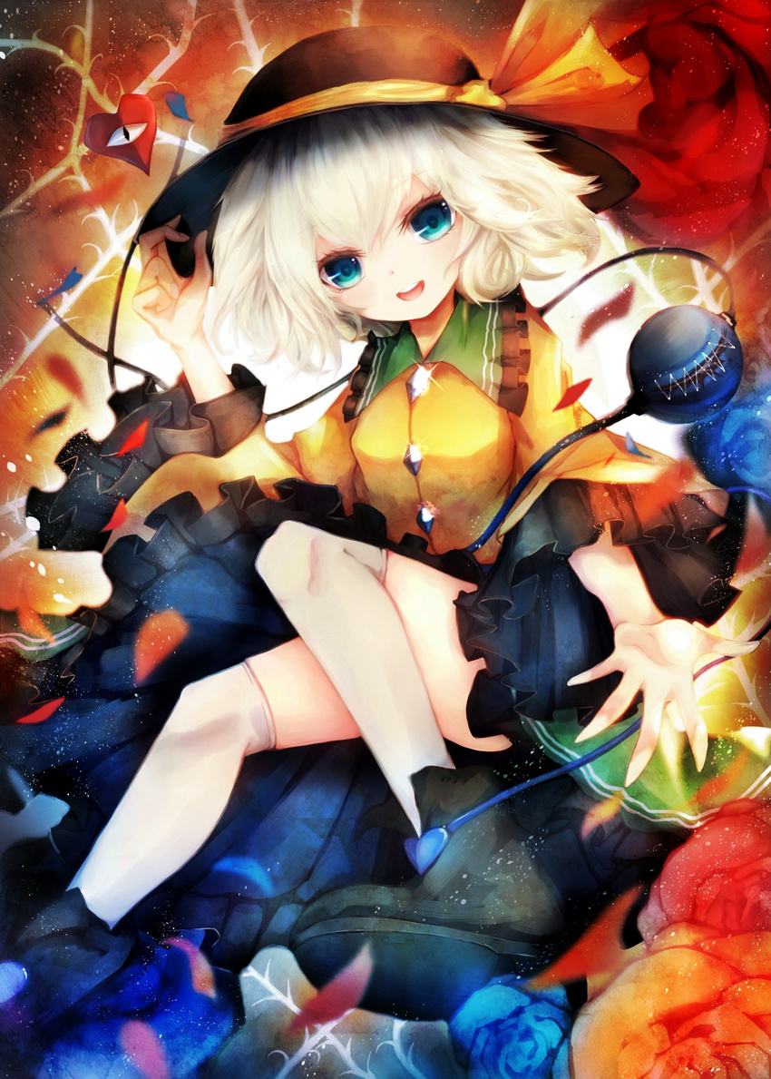 ankle_boots bad_id bad_pixiv_id basilis9 blouse blue_flower blue_rose boots eyelashes flower glint gradient gradient_background hand_on_headwear hat hat_ribbon head_tilt heart highres knee_up komeiji_koishi light_particles long_sleeves looking_at_viewer open_mouth orange_flower orange_rose over-kneehighs red_flower red_rose ribbon rose short_hair skirt solo thighhighs third_eye thorns touhou white_hair white_legwear