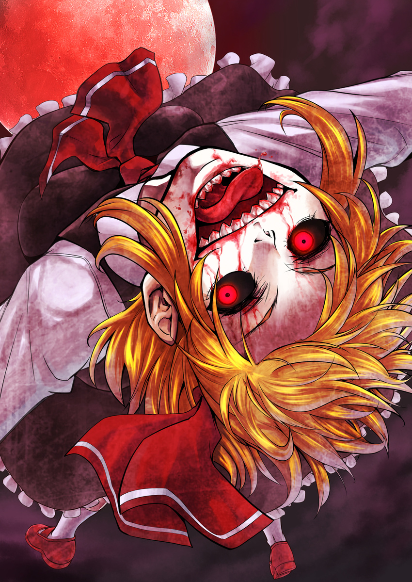 ascot black_dress black_sclera blonde_hair blood blood_in_mouth blood_on_face dot_pupils dress flying full_moon glowing glowing_eyes hair_ribbon highres horror_(theme) long_sleeves looking_at_viewer moon night night_sky open_mouth red_eyes red_footwear red_moon ribbon rumia sharp_teeth shirt shoes short_hair sky smile socks solo teeth tongue tongue_out touhou upside-down waiz_(waiz009)