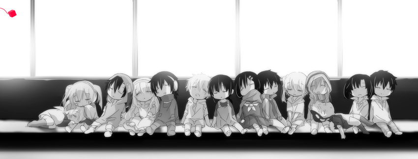 6+girls amamiya_hibiya asahina_hiyori bad_id bad_pixiv_id chibi dark_konoha days_(kagerou_project) ene_(kagerou_project) enomoto_takane greyscale hair_ornament hairclip headphones hood hoodie kagerou_project kano_shuuya kido_tsubomi kisaragi_momo kisaragi_shintarou kokonose_haruka konoha_(kagerou_project) kozakura_marry monochrome multiple_boys multiple_girls sakakimu scarf school_uniform serafuku seto_kousuke side_ponytail sleeping tateyama_ayano twintails