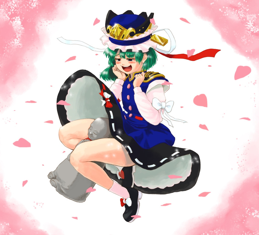 bare_legs between_thighs blush green_hair hat jizou kihou_kanshouzai petals shiki_eiki short_hair skirt smile solo touhou