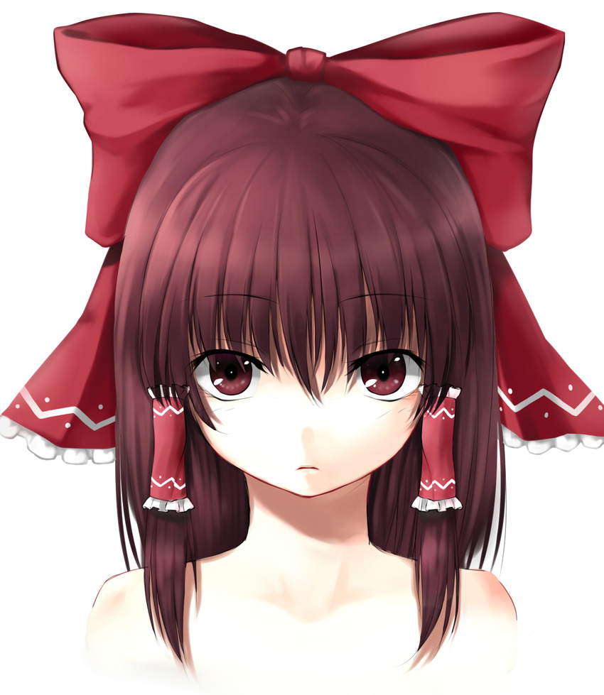 bad_id bad_pixiv_id bare_shoulders bow brown_hair frown hair_bow hair_tubes hakurei_reimu highres looking_at_viewer red_eyes short_hair sidelocks simple_background solo sudako_(dai011305) touhou upper_body white_background