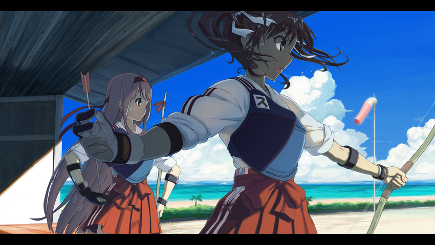 archery arm_guards arrow bangs beach blue_sky bow_(weapon) brown_eyes brown_hair bush cloud day floating_hair from_side gloves hair_ribbon hairband hakama_skirt hands_on_hips highres horizon japanese_clothes kaku_choushi kantai_collection kyuudou letterboxed long_hair looking_away multiple_girls muneate ocean outdoors parted_lips plant ribbon shade shoukaku_(kantai_collection) silver_hair single_glove skirt sky sleeves_rolled_up sunlight sweat twintails very_long_hair weapon windsock zuikaku_(kantai_collection)